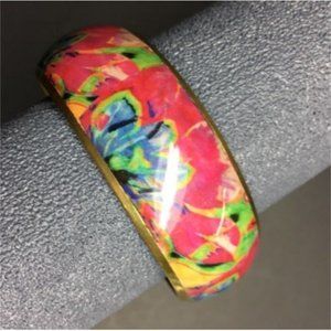 Decoupage Floral Bangle Bracelet Barbie Hot Pink Brass Rockabilly Retro Cottage